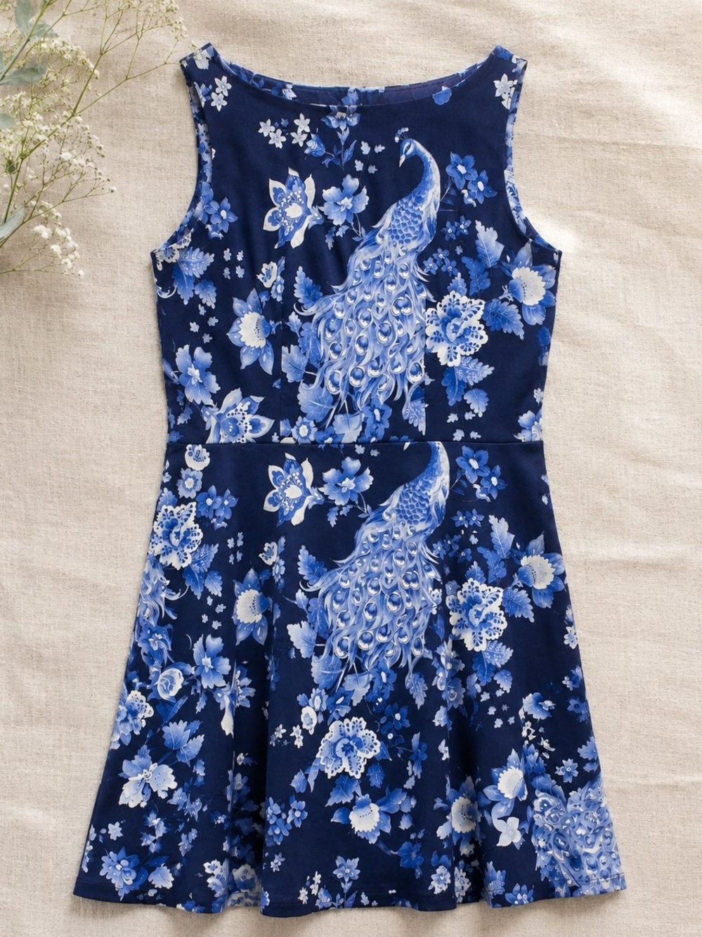 Heart of Haute Peacock Print Cotton Dress USA XL Fits L